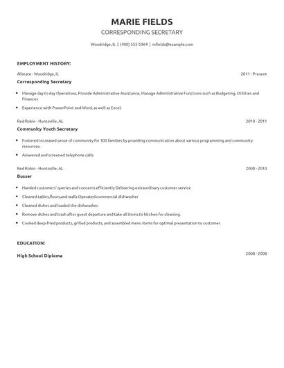 Corresponding Secretary Resume