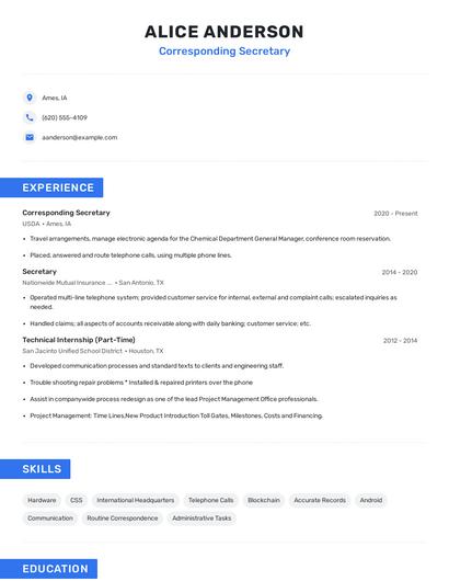 Corresponding Secretary Resume