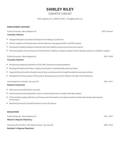 Cosmetic Chemist Resume
