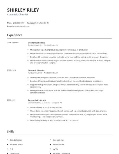 Cosmetic Chemist Resume