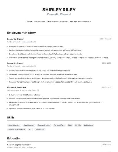 Cosmetic Chemist Resume