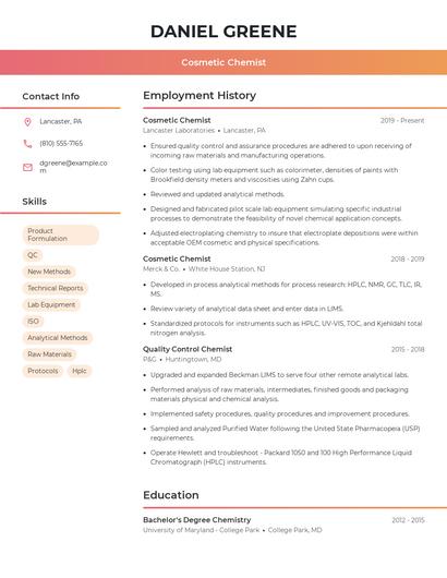 Cosmetic Chemist Resume