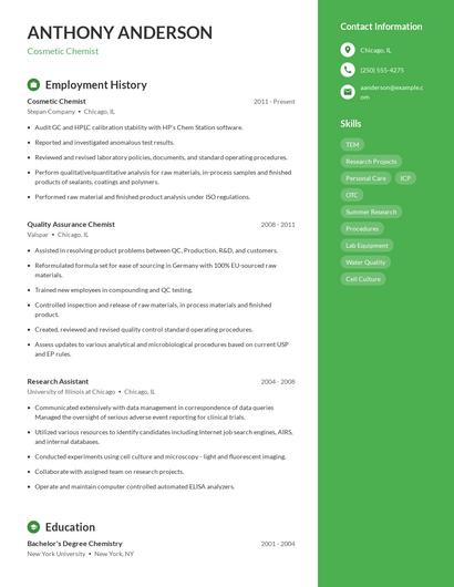 Cosmetic Chemist Resume