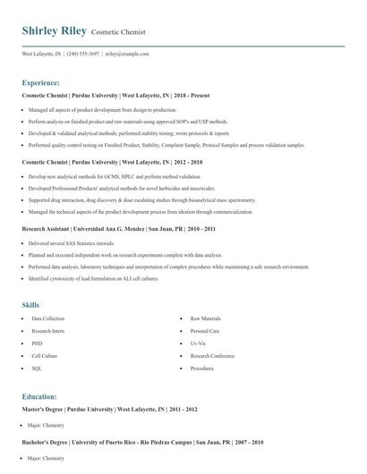 Cosmetic Chemist Resume