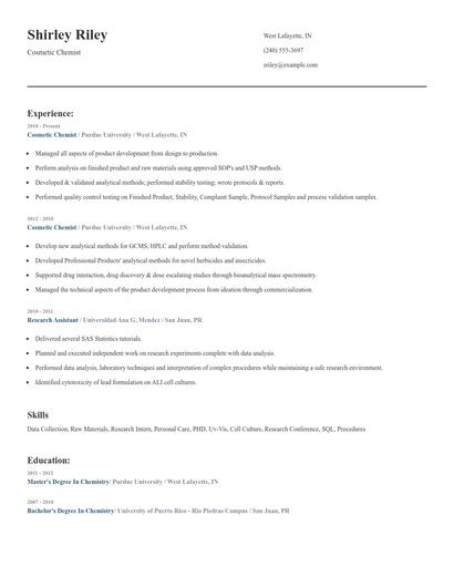Cosmetic Chemist Resume
