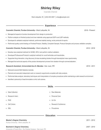 Cosmetic Chemist Resume