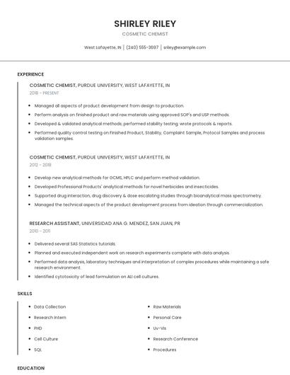 Cosmetic Chemist Resume