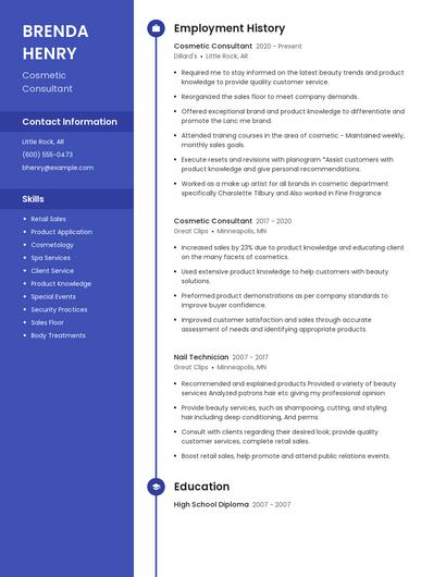 Cosmetic Consultant Resume