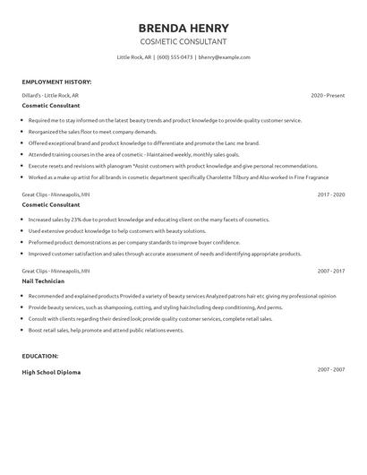 Cosmetic Consultant Resume