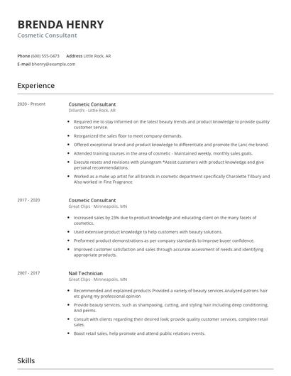 Cosmetic Consultant Resume