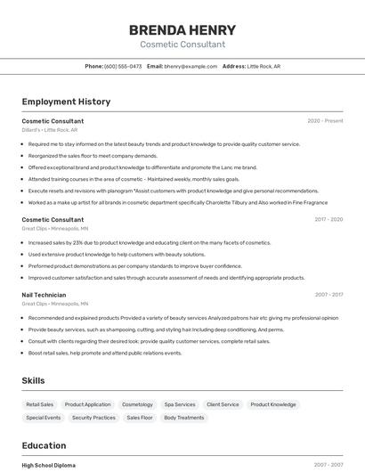 Cosmetic Consultant Resume
