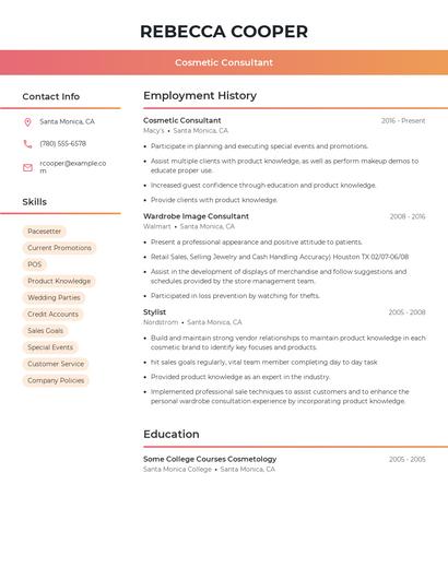 Cosmetic Consultant Resume