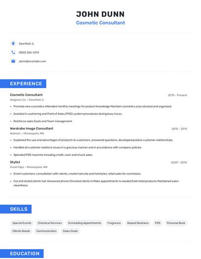 Cosmetic Consultant Resume