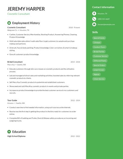 Cosmetic Consultant Resume