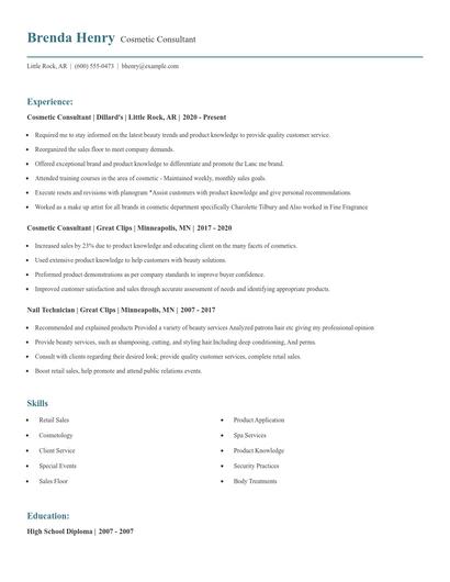Cosmetic Consultant Resume