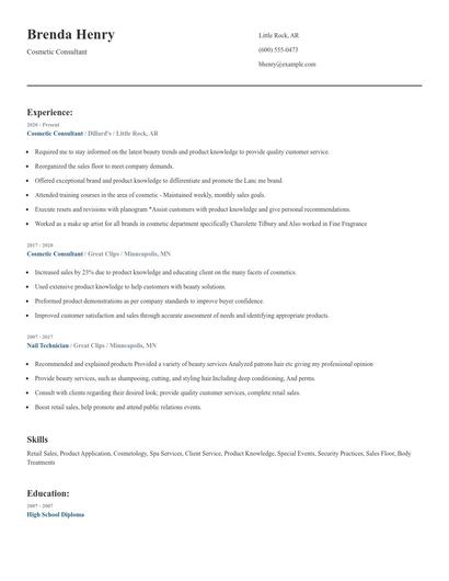 Cosmetic Consultant Resume