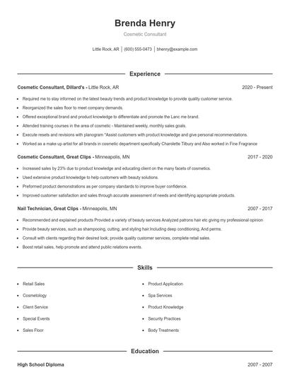 Cosmetic Consultant Resume