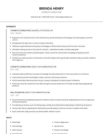 Cosmetic Consultant Resume