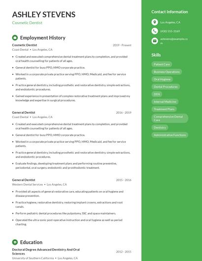 Cosmetic Dentist Resume