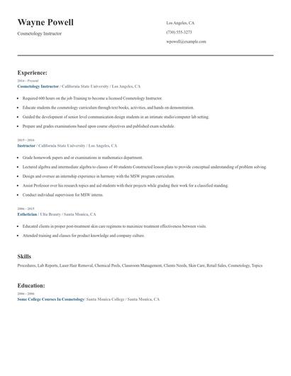 Cosmetology Instructor Resume