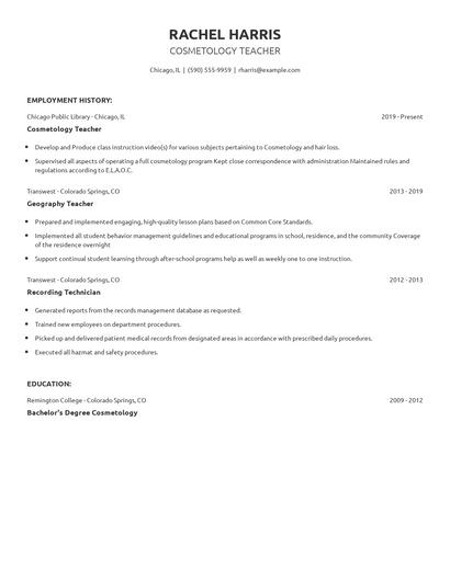 Cosmetology Teacher Resume