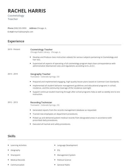 Cosmetology Teacher Resume
