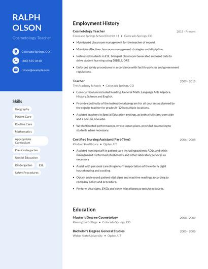 Cosmetology Teacher Resume