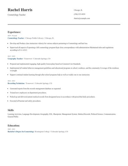 Cosmetology Teacher Resume