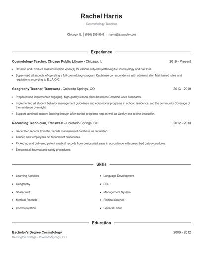 Cosmetology Teacher Resume