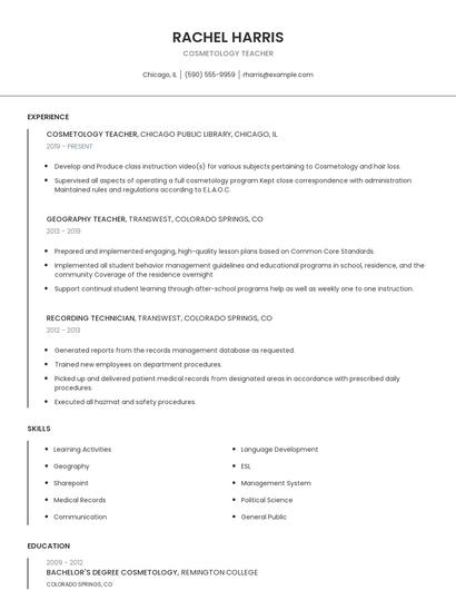 Cosmetology Teacher Resume