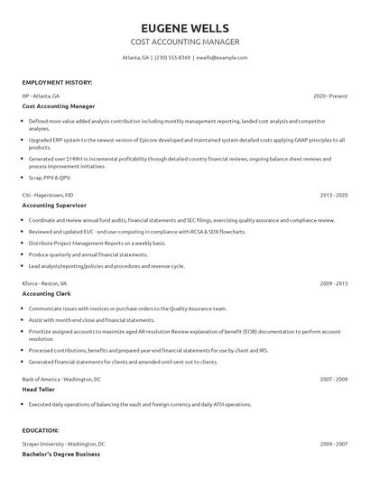 Cost Accounting Manager Resume