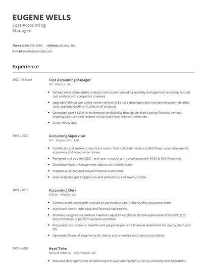 Cost Accounting Manager Resume