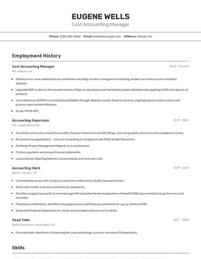 Cost Accounting Manager Resume
