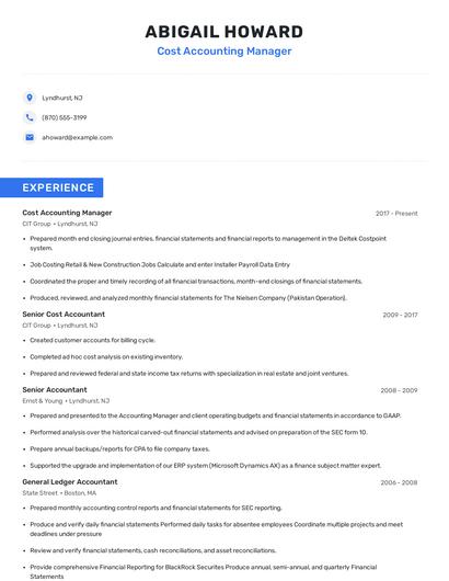 Cost Accounting Manager Resume