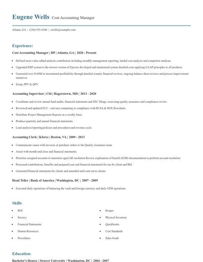 Cost Accounting Manager Resume