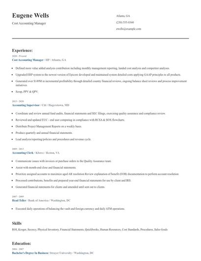 Cost Accounting Manager Resume