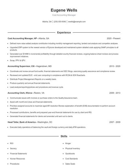 Cost Accounting Manager Resume