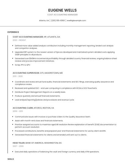 Cost Accounting Manager Resume