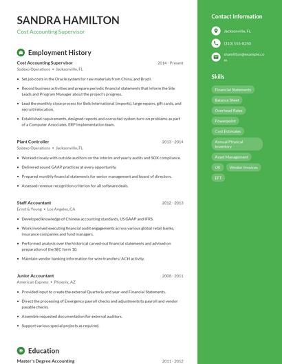 Cost Accounting Supervisor Resume