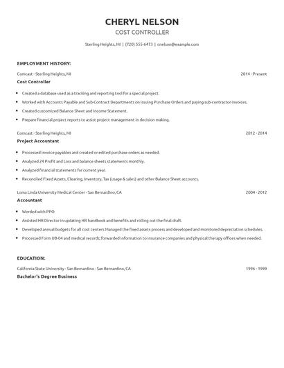 Cost Controller Resume