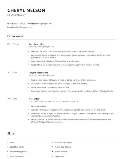 Cost Controller Resume