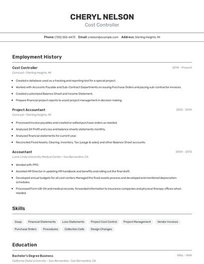 Cost Controller Resume