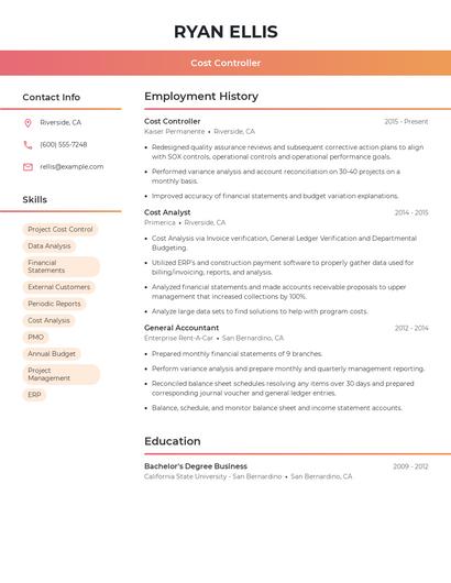 Cost Controller Resume