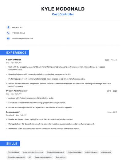 Cost Controller Resume