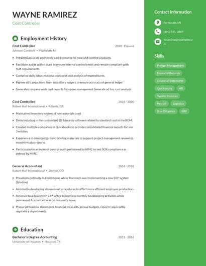 Cost Controller Resume