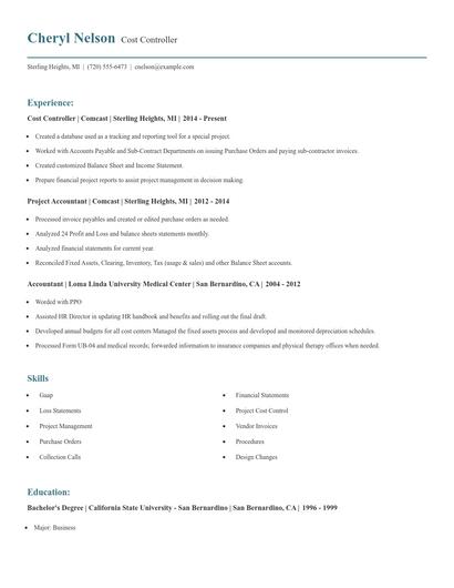 Cost Controller Resume