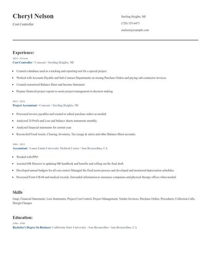 Cost Controller Resume