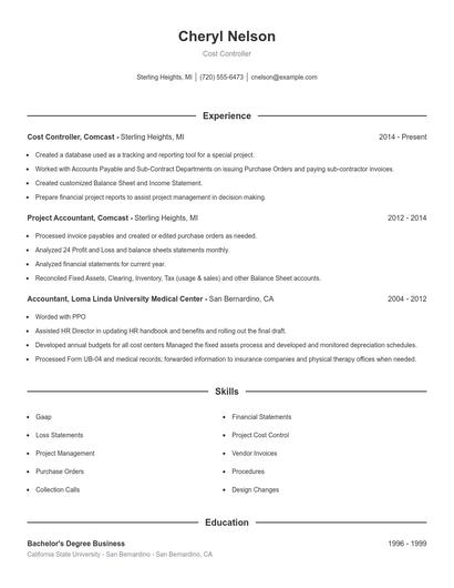 Cost Controller Resume