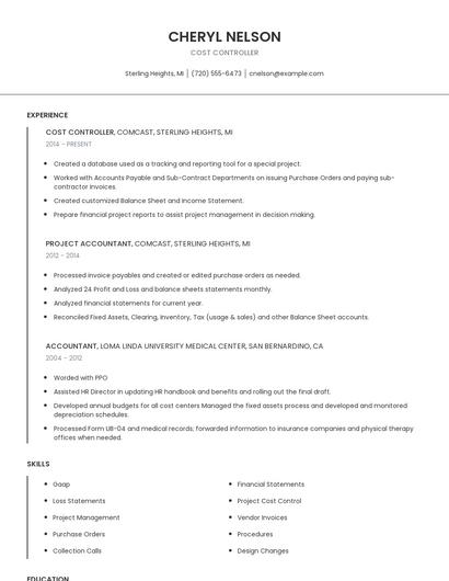 Cost Controller Resume