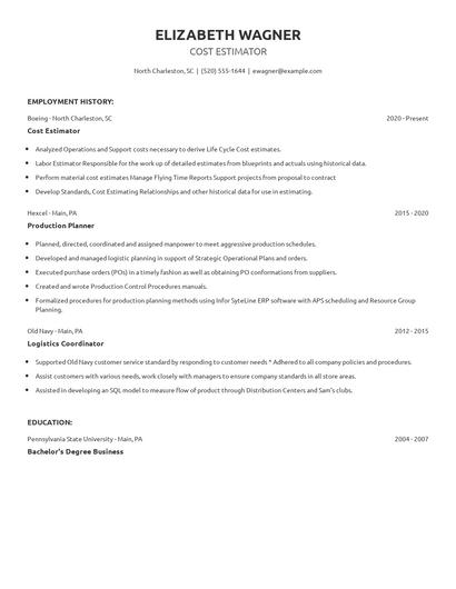Cost Estimator Resume